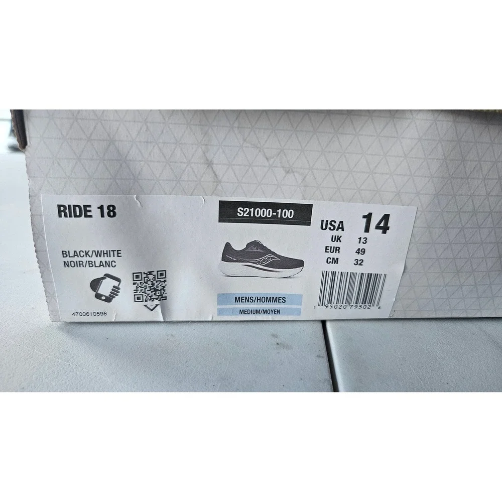 Saucony Ride 18 Mens Running Shoes Black White S21000-100 Size 14 New